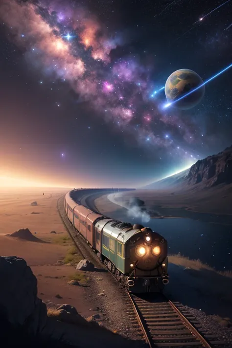 Fantasy，8k,Extremely detailed, masterpiece,High resolution,Highest quality,Increase the resolution,Cinema Lighting,Different space，4 dimensional world，Galaxy Express 999，steampunk，steam locomotive，Maneuvering with Ether，30-car train、Transparent rails leadi...