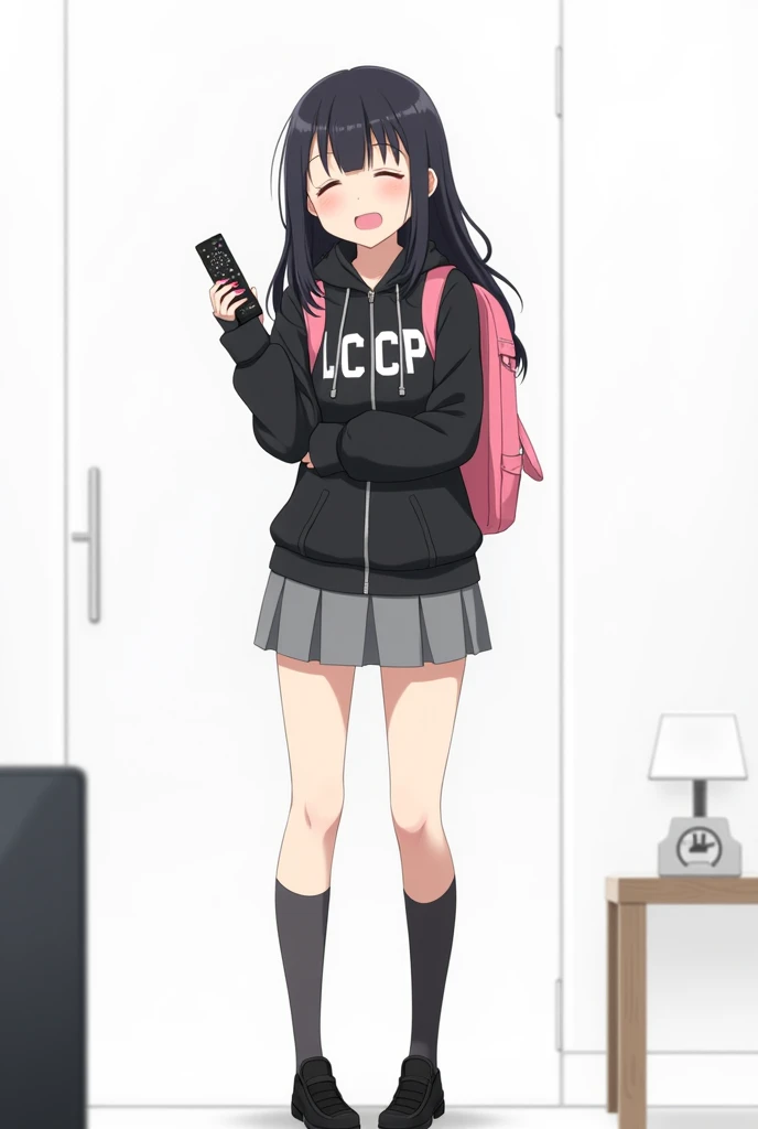 Teenage woman looking forward and with black hair standing in front and her legs and wearing black shoes and knee-high gray socks And black poleron without fastening with hood and with white letters Athletic style font LCCP on the chest with and with the p...