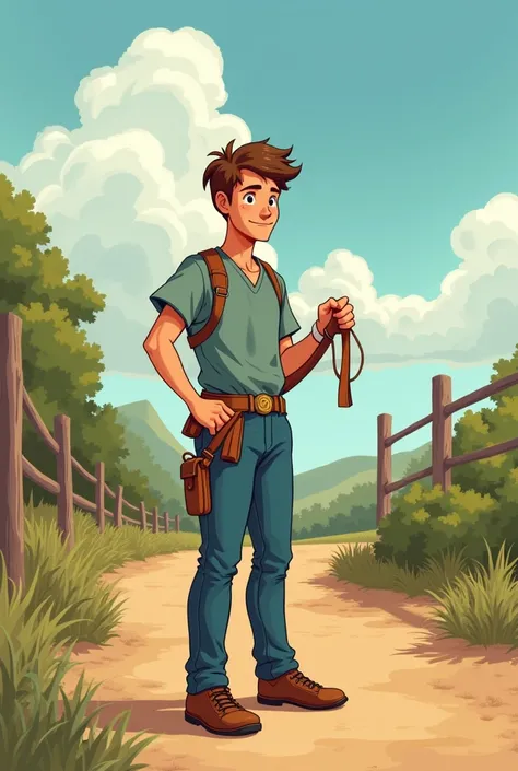  He creates an illustration in an outdoor environment that shows a young man named Daniel organizing teaching material used for hippotherapy . Daniel places the material on his belt ,  preparing for a therapeutic session with horses .  The environment incl...