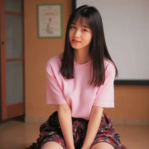 (((Mika, 1girl, solo, upper body))), 8k, raw photo, perfectly focused, best focus, realistic skin texture, masterpiece, highest quality, photorealistic, (((t-shirt, mini skirt))), in a classroom