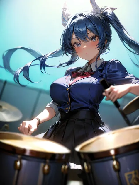 (masterpiece, highest quality:1.2)、(1 girl))、(drummer Heroine)、(Concert Hall) , (Playing on drums) , (Drums)  ,  (eyes half closed), Wedding ring on ring finger , The body shakes violently、[:(detailed face:1.2):0.2], ((blue twin-tail hairstyle)) , Big brea...