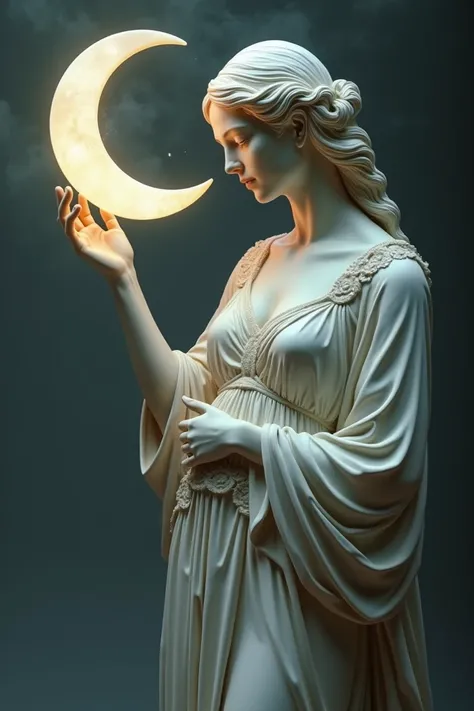 Statue of a woman with a crescent moon in the middle that is clasped by her hand
