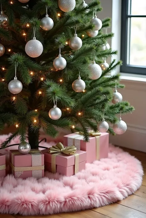 A soft pink faux fur Christmas tree skirt placed under a beautifully decorated tree with sparkling silver ornaments, surrounded by gifts wrapped in matching pink paper. Complete your Christmas tree look with this luxurious soft pink faux fur tree skirt. It...