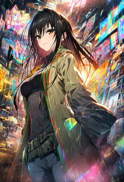 One girl, kotegawa yui, Black Hair, Long Hair, Brown eyes,A rain-slicked night in a dense cyberpunk district,  sports a high-tech modernized look - her traditional autumn outfit transformed with tactical wear elements and illuminated trim lines. She stands...