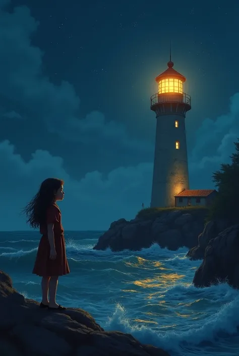 A twelve year old girl looking at a lighthouse at night
