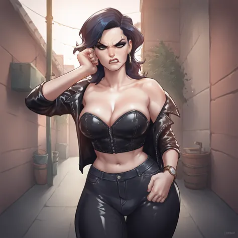 score_9_up, score_8_up, score_7_up,score_6_up, score_5_up, score_4_up, rating_explict, futanari, 1girl, (serleena), leather clothing, cleavage, strapless top, wide hips, glaring, pale pasty skin