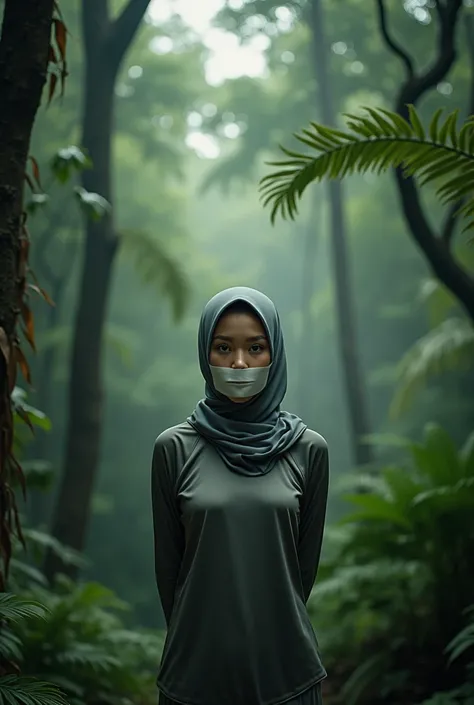 Beautiful Asian girl hijab,standing,two arm behind body,mouth cover with white tape,in jungle,sport uniform