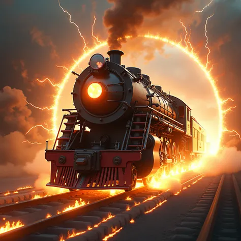  steam locomotive leaving the portal between worlds , cutting worlds like a bullet , breakneck effect ( the trains nose is shrouded in burning air  ) crazy speed ,  discharges of energy and lightning everywhere , fountain painting , incredible fantastic va...