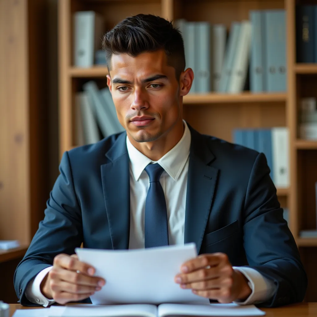 ronaldo in a suit, small head, extremely detailed skin, reading documents at office, blurred background.