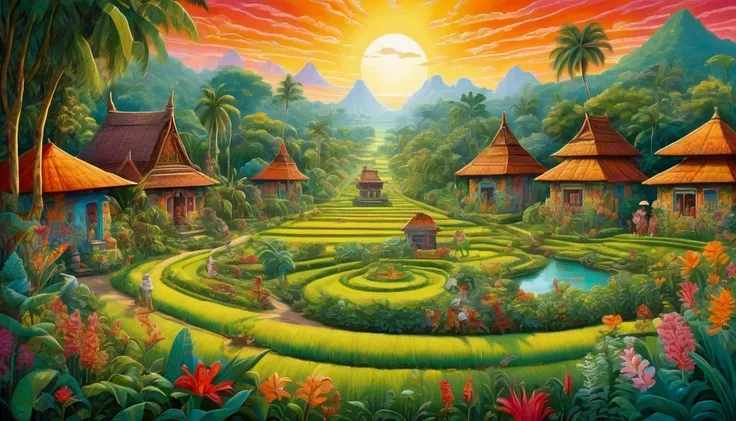 a vibrant naive art painting of happiness living in Bali, joyful characters in a tropical village surrounded by rice fields, Balinese temples, and lush greenery, whimsical animals, soft glowing light, intricate and playful patterns, bright saturated colors...