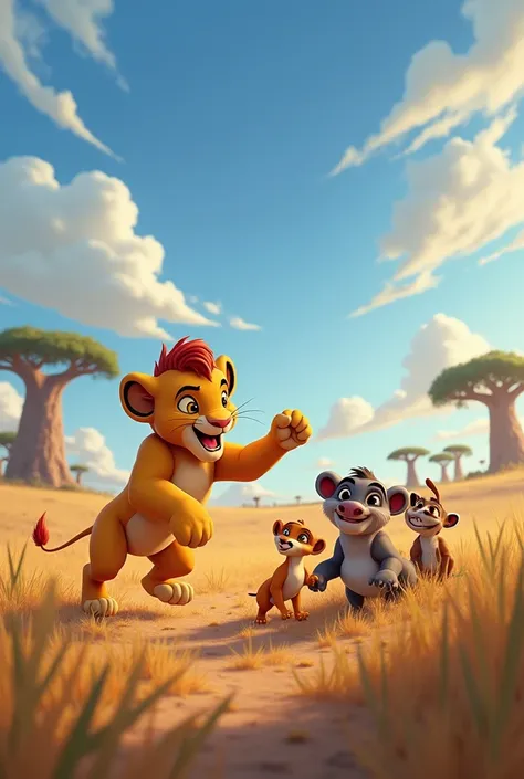 .The Lion King plays with friends in Africa