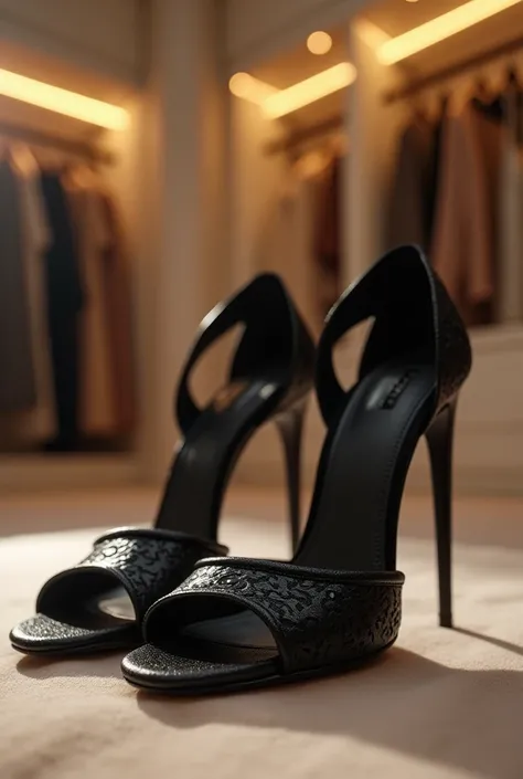 Close up of black high heeled sandals, present stored in a dressing room. In a modern dressing, Beautiful lighting, award-winning, (masterpiece, best quality, photorealistic, Professional, perfect composition, very aesthetic, ultra-detailed, intricate deta...