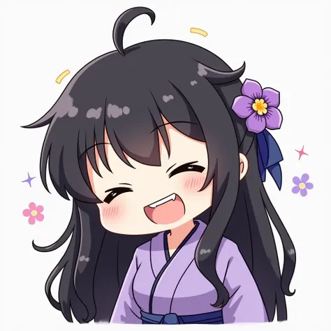 chibi style,  girl with messy and very long black hair with bangs,  with a big bust and with her eyes closed very happy,  with pointed teeth,  wearing simple purple yukata , with a purple flower in her hair , with her white skin posing close to 