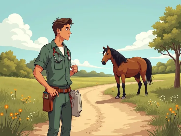  He creates an illustration in an outdoor environment that shows a young man named Daniel locating material to be used with ren in his belt,  preparing for a therapeutic session with horses .  The environment includes a dirt road ,  vegetation and a quiet ...