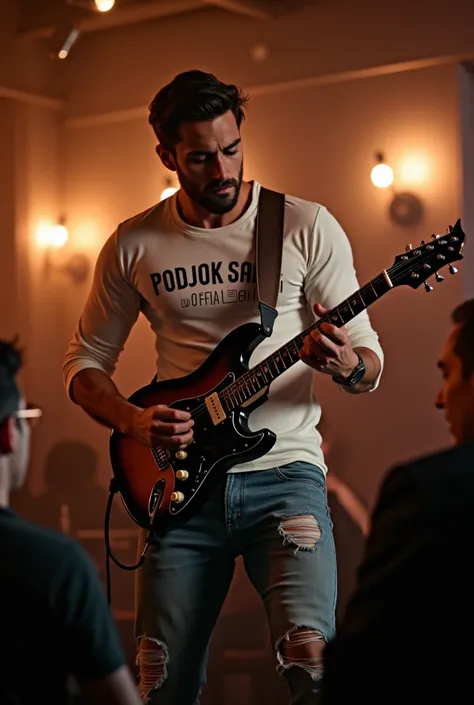 A best hyperealistic, UHD, HDR, 5D, 524 K, cinematic shot of a Sleek masculine handsome man playing hard rock music on an electric Melodic guitar on stage music live performance at Coffe Shop, The man is wearing a white shirt firmly written "Podjok Santai ...