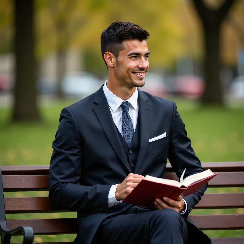 ronaldo in a suit, small head, extremely detailed skin, reading book on park bench, blurred background.