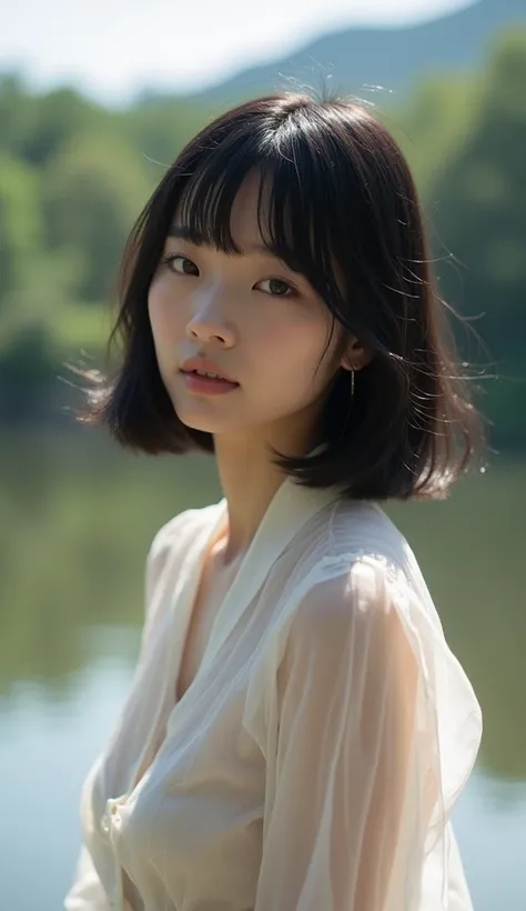  Japanese woman with a viewing angle of　 beautiful face　 Elegant face　 white skin　 perfect proportions　F cup bust　  Delicate Décolletage  　Backlit transparent blouse 　 standing alone near Takase River in Kyoto　 see here　 black hair長い髪, solo,  anatomically ...