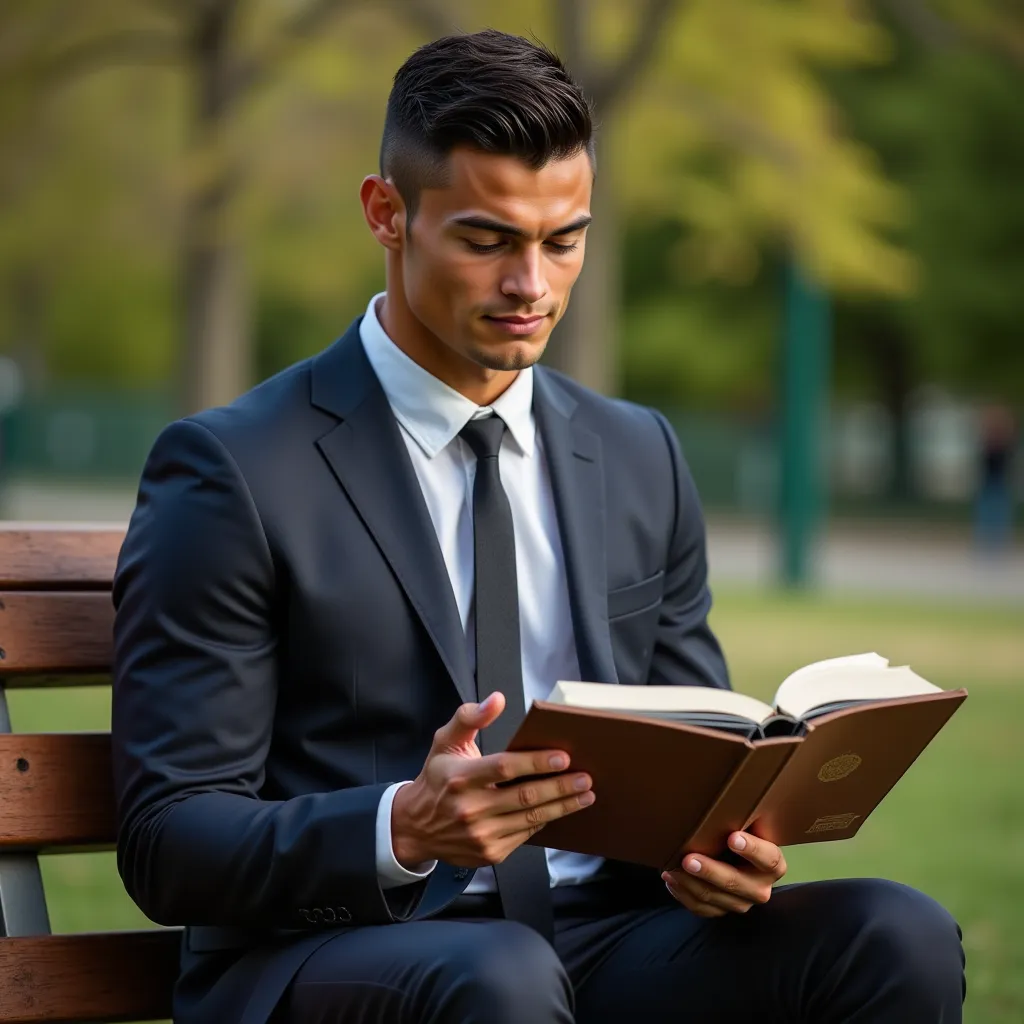 ronaldo in a suit, small head, extremely detailed skin, reading book on park bench, blurred background.