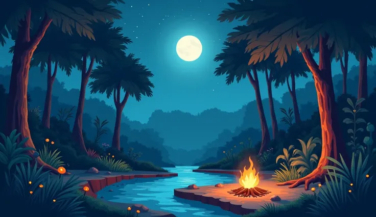 A tranquil tropical rainforest in Sibolangit, Indonesia, at night, illustrated in a simple and colorful 2D cartoon style. The scene features a small, clear water pond at the center, reflecting the soft glow of the moonlight filtering through the tall tropi...