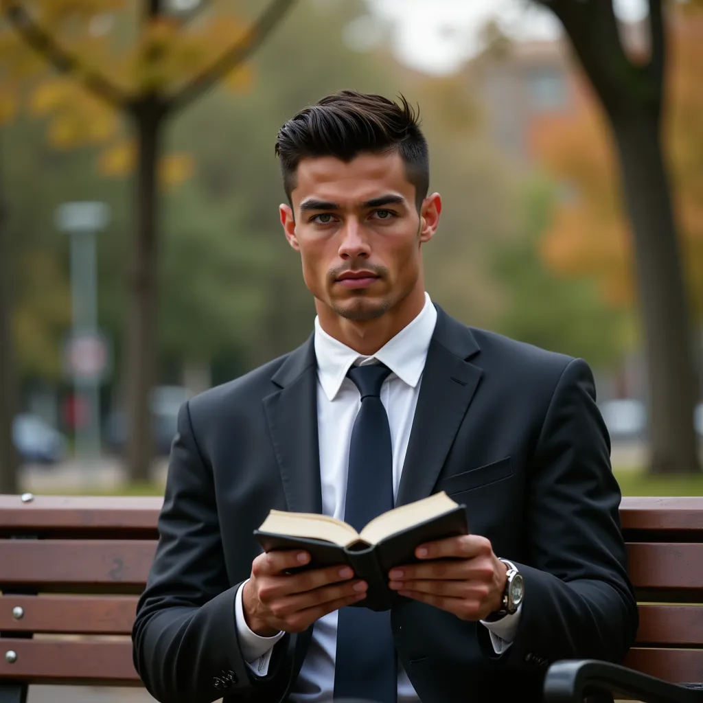 ronaldo in a suit, small head, extremely detailed skin, reading book on park bench, blurred background.