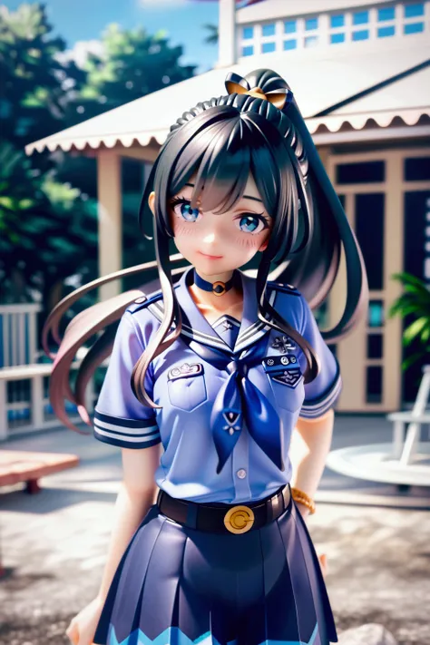 score_9, score_8_up, score_7_up, score_6_up, source_anime, pretty young girl, beauty skin, slim, standing posed at campus s outdoor, she is in black hair (+long hair, half up half down, ponytail), wearing pastel indigo-blue short sleeves collared shirt, na...