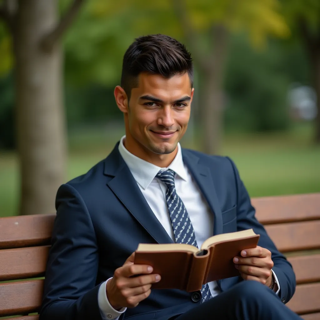 ronaldo in a suit, small head, extremely detailed skin, reading book on park bench, blurred background.