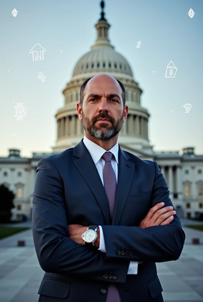 "A professional portrait of Brad Garlinghouse standing in front of the U.S. Capitol building with digital cryptocurrency symbols in the background, symbolizing his potential role as Crypto Czar."