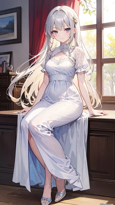 (masterpiece, top quality, best quality, official art:1.2), anime, 1 girl, full body, long straight blonde hair, silver eyes, medium breasts, white dress, bedroom, gentle smile, masterpiece, 8k, high quality, detailed art