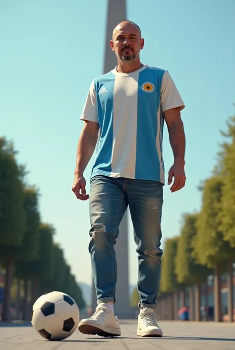 Man 40 years old, Shaved hair sides , argentine jersey, jeans,  white Adidas sneakers , In the background Argentinian obelisk ,  a soccer ball on the foot 