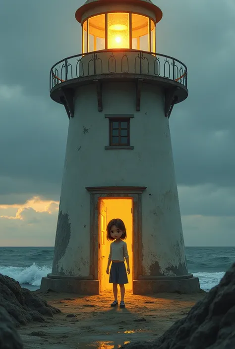 A twelve-year-old girl entering a lighthouse is already twelve years from now the girl