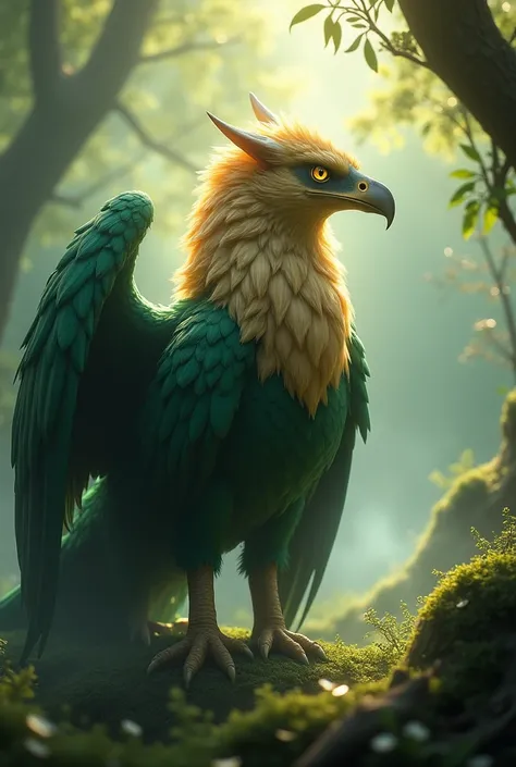 "A regal griffin with emerald-green feathers and a golden mane stands guard in a misty forest, its sharp beak gleaming as sunlight filters through the trees."

