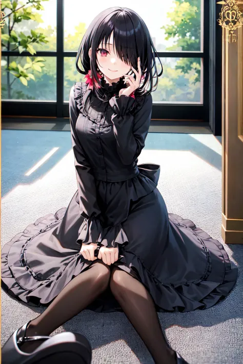 1 Girl,  unique , Kneel down,  constellation, 
cckurumi,  long hair, Low double ponytail, Hair Flower,  cover the hair of one eye, Hairpin, Gothic,  black dress, ribbon, pantyhose, 
slippers, 
Sitting,  Smile,  watching the audience, 
Lean forward, 
Indoor...