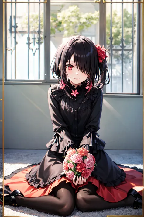 1 Girl,  unique , Kneel down,  constellation, 
cckurumi,  long hair, Low double ponytail, Hair Flower,  cover the hair of one eye, Hairpin, Gothic,  black dress, ribbon, pantyhose, 
slippers, 
Sitting,  Smile,  watching the audience, 
Lean forward, 
Indoor...