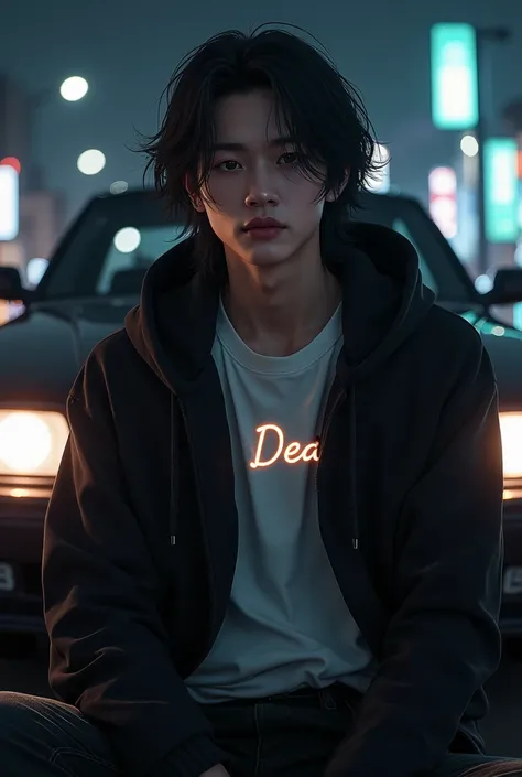 HD picture Korean guy 26 years old long hair wearing black hoodie white t-shirt name DEDI on radiant chest black jeans position sitting in front of car backgroundurban night aura