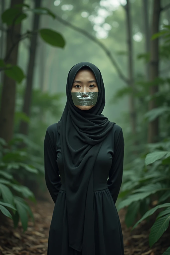 Asian women hijab,age 22,standing,two arm behind body,mouth cover with silver tape,in jungle