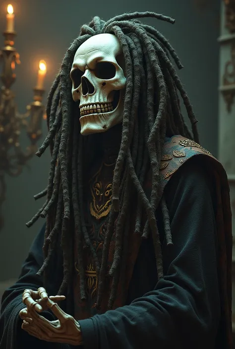 King skeleton with locs taking off smiling mask to reveal his frown