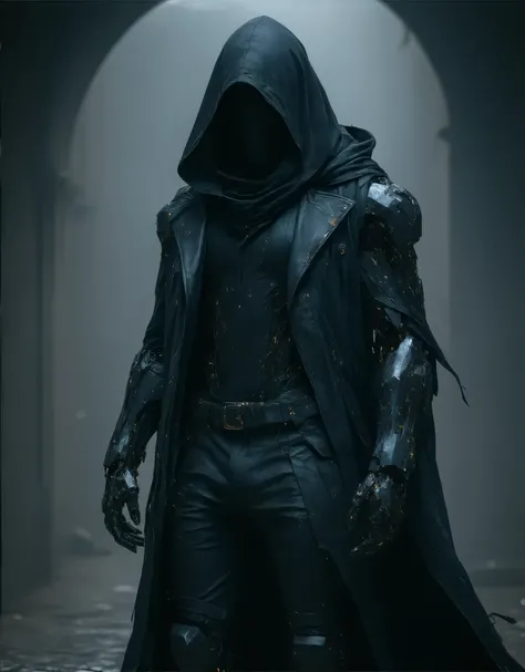 a cyborg in a black glossy jacket and black pants standing in a dark room, wearing cultist robe, cybernetic attire, character from mortal kombat, as a character in tekken, fighting game character, cyberpunk assassin, hooded mage, cyberpunk outfits, clothes...