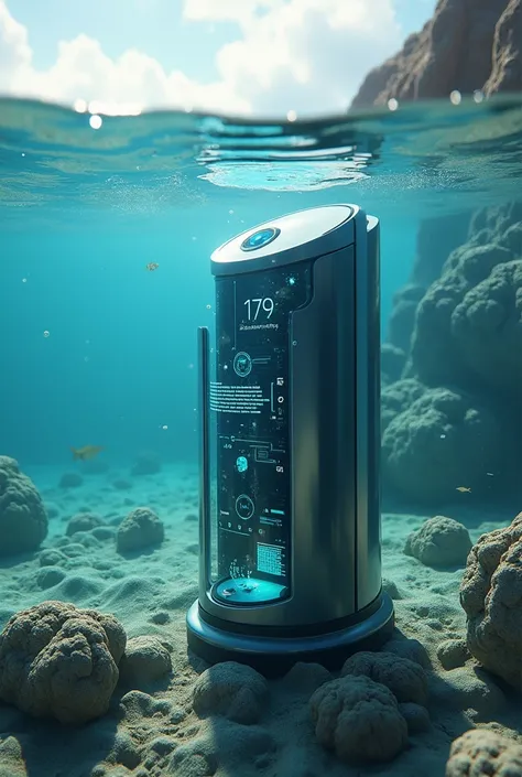 Draw me a small size ocean regeneration machine with a phone