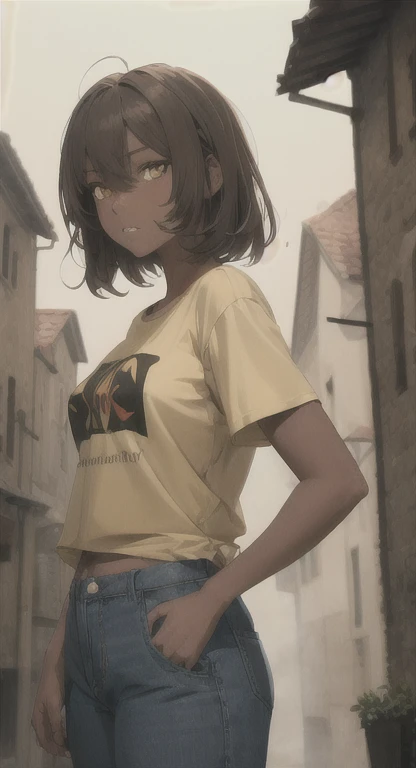 Veralynda, brown hair, yellow eyes, tan skin, T-shirt, pants, foggy medieval town,