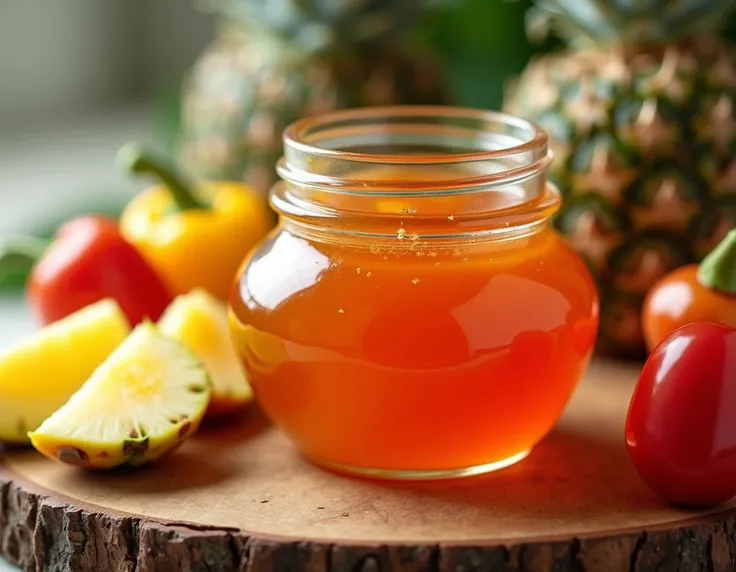  A jar of jam , Open, Homemade jelly ,  is on a table ,  with fruit on the side, Pineapple with pepper , vivid colors,  realistic photo ,  without label only the jar