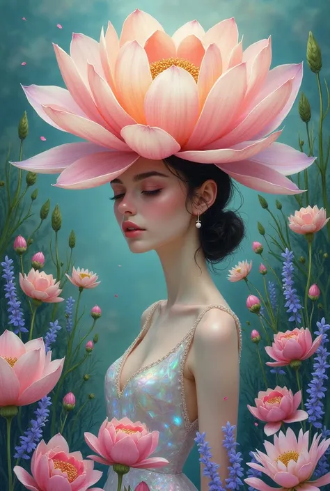 Watercolor oil painting art detailed of beautiful woman with big flower head in Amy Judd art style with long dress iridiscent opal in garden full of hydrangeas and peonies with lavender grass digital art 