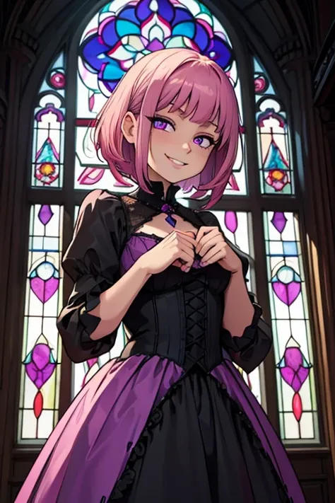 Perfect face. Perfect hands. A petite pink haired woman with violet eyes with short hair in a Gothic gown is smiling while in front of a stained glass window in a Gothic ballroom
