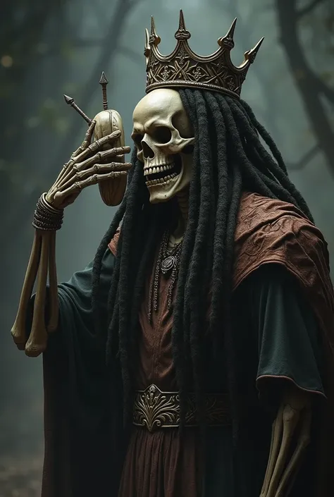 King skeleton that has locs taking off smiling mask to reveal his frown underneath 