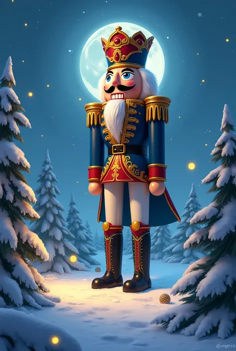 Make a magical image with a nutcracker in the snowing at night, More magical,  change position, mss realistic 
