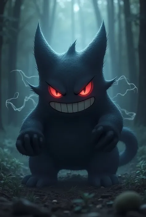 Create a gengar with a sad laugh but with an angry look