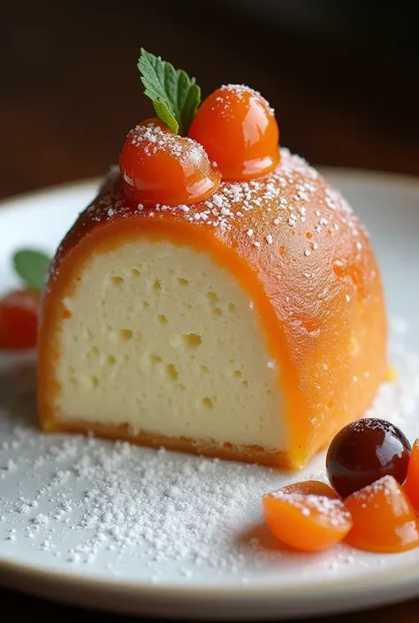 A Mont Blanc cake made with lots of chestnuts, decorated with finely chopped persimmons, and topped with sparkling jewel-like jelly.