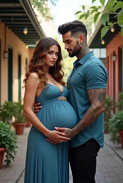 a Young 5.5 ft tall 20 year old married woman with hazel green eyes, hourglass figure, big breasts and long beautiful wavy curly hair light honey brown hair 9 months pregnant with quadruplets huge baby bump wearing a maternity blue babydoll dress and brown...