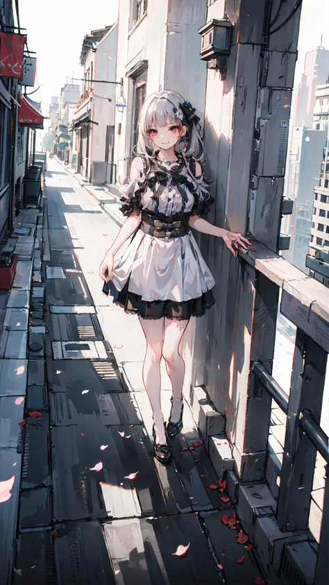 (masterpiece, top quality, best quality:1.2), anime, 1 girl, full body, silver hair, red eyes, long hair, small breasts, long white dress, jirai kei, modern cityscape, gentle smile, masterpiece, 8k, high quality, detailed art