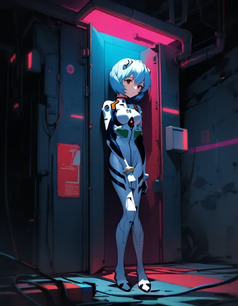 1girl, ayanami rei, neon genesis evangelion, red eyes,In an abandoned subway tunnel repurposed as a secret facility access point, a pale-blue haired figure in a sleek white plugsuit stands motionless against exposed geometric support structures. Emergency ...