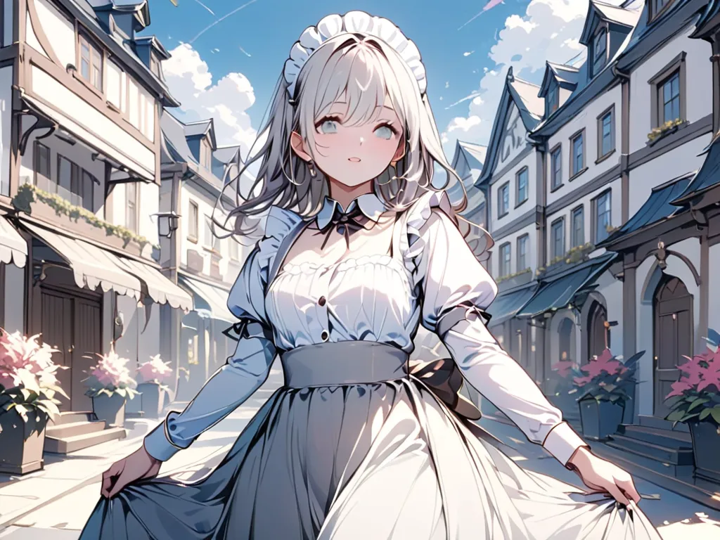 ( adult woman),(最High image quality, 8k, masterpiece:1.3), (24 years old:1.5), ( gray hair ), ( semi-long),  ( good style、Full body shot、Fair skin、 maid outfit 、 Long Sleeve 、Gray Eyes、 long lashes、Waiter、Elegant、noble、 standing、 Long Skirt、Western-style b...